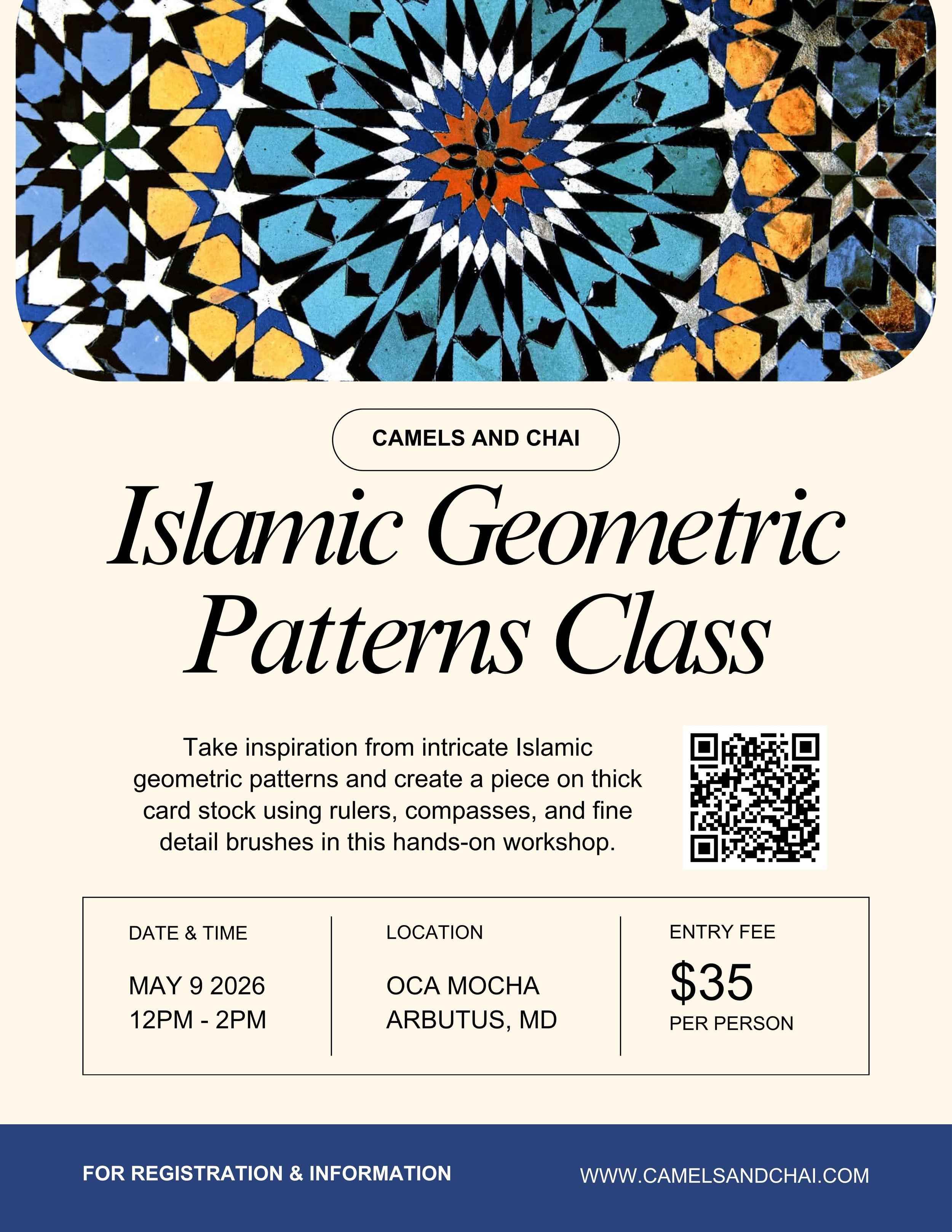 Flyer for Islamic Geometric Patterns Class featuring intricate Moroccan tile design at the top, with event details including date, time, location, fee, and a QR code.