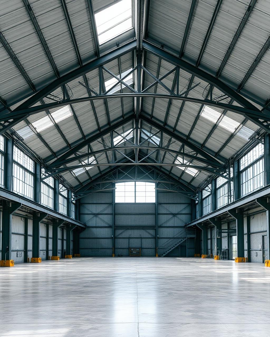 Empty industrial warehouse with high vaulted ceiling, large windows, and a polished concrete floor.