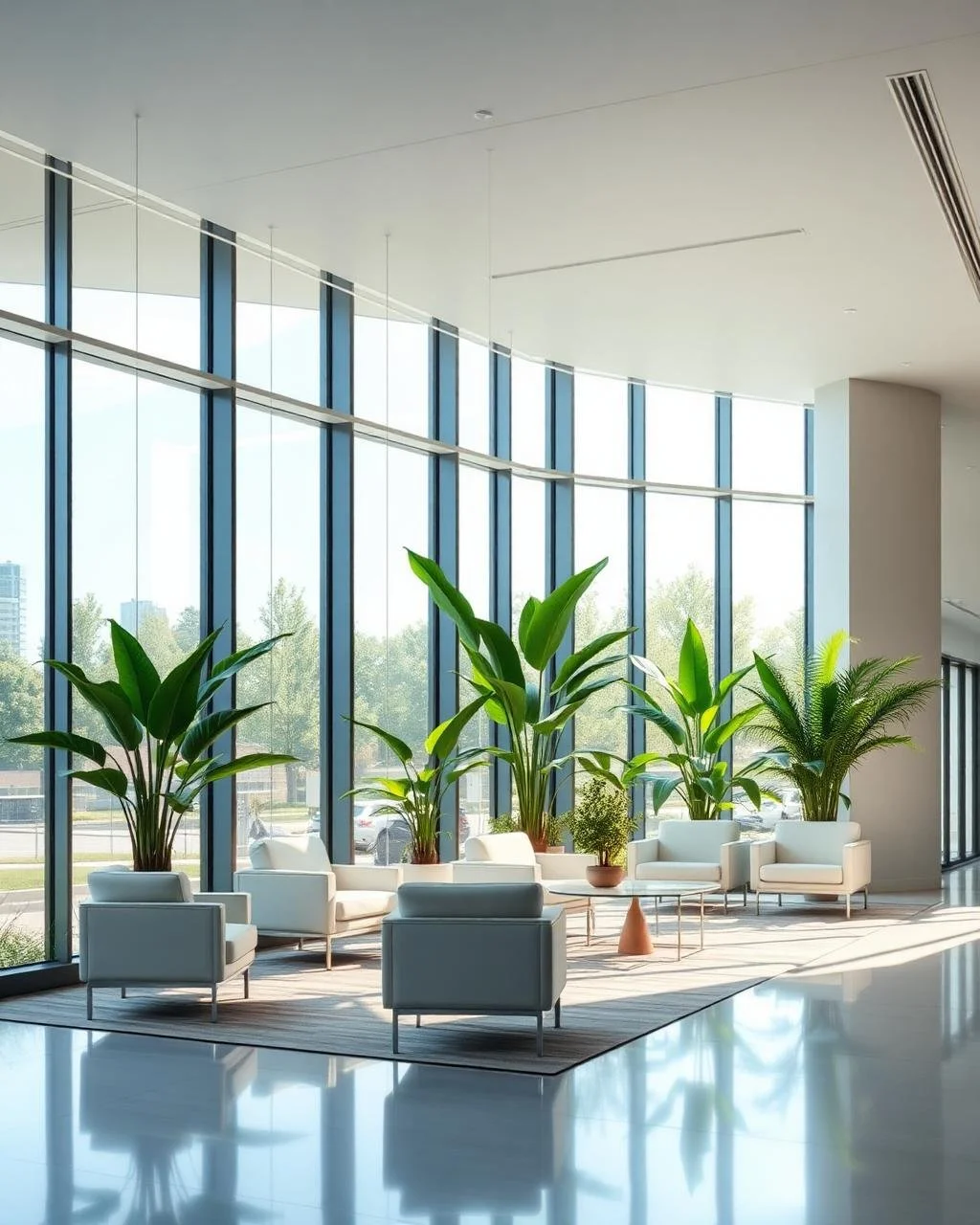 Modern lobby with large floor-to-ceiling windows, white seating, and green potted plants.