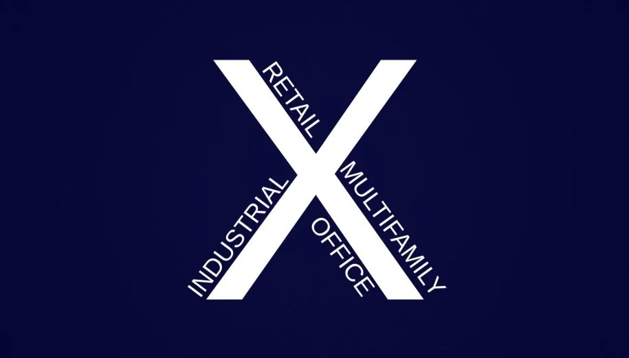 A dark background with a white letter X divided into four sections, each labeled: Retail, Multifamily, Office, Industrial.