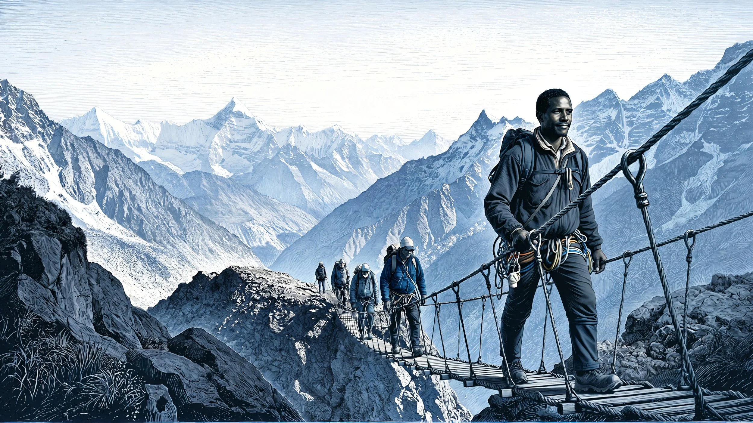A group of hikers crossing a suspension bridge over rocky terrain in a snowy mountain landscape with tall peaks in the background.