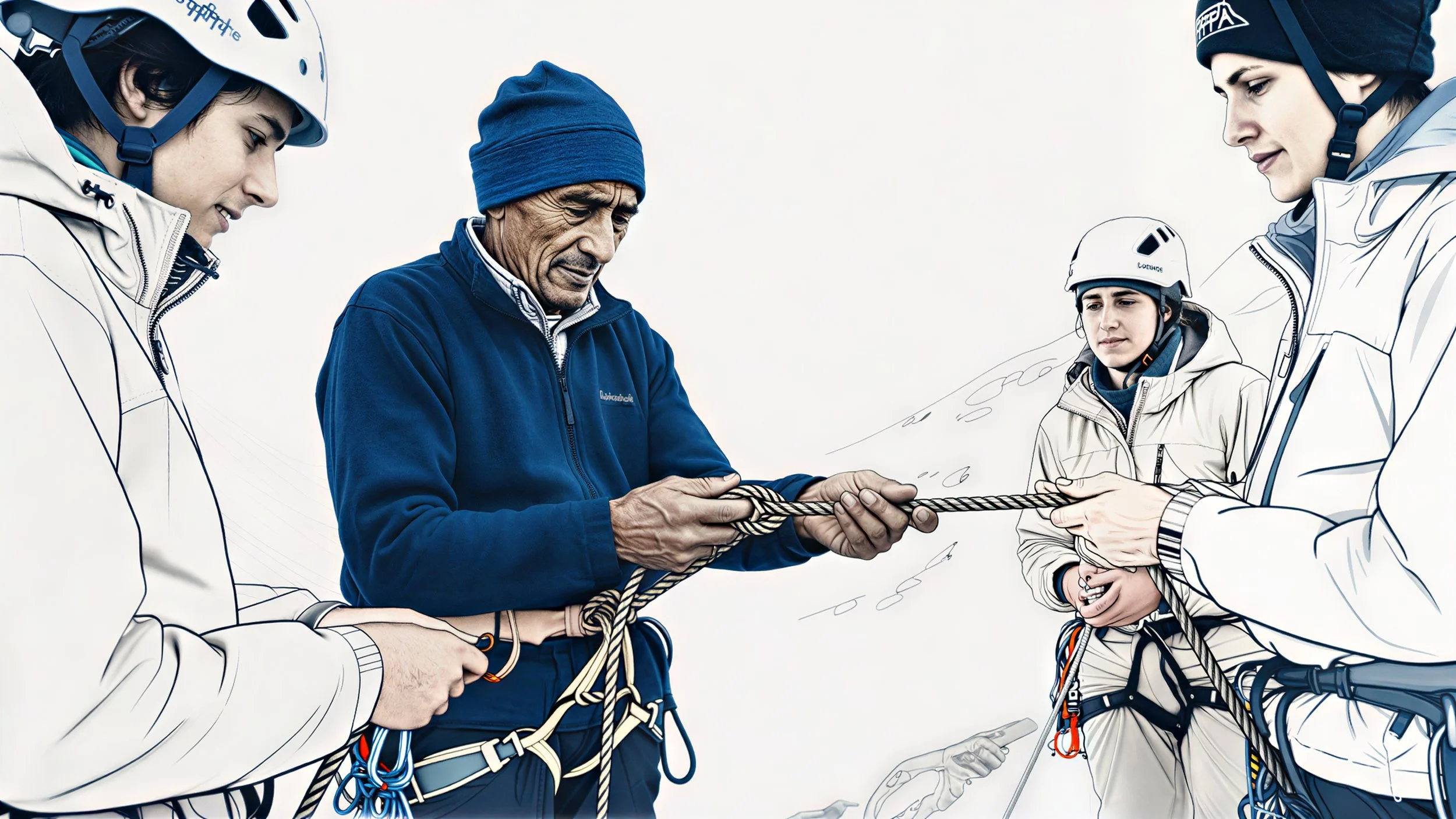 Group of mountain climbers practicing rope techniques indoors, with some individuals wearing helmets and outdoor gear, and an instructor demonstrating knot tying.