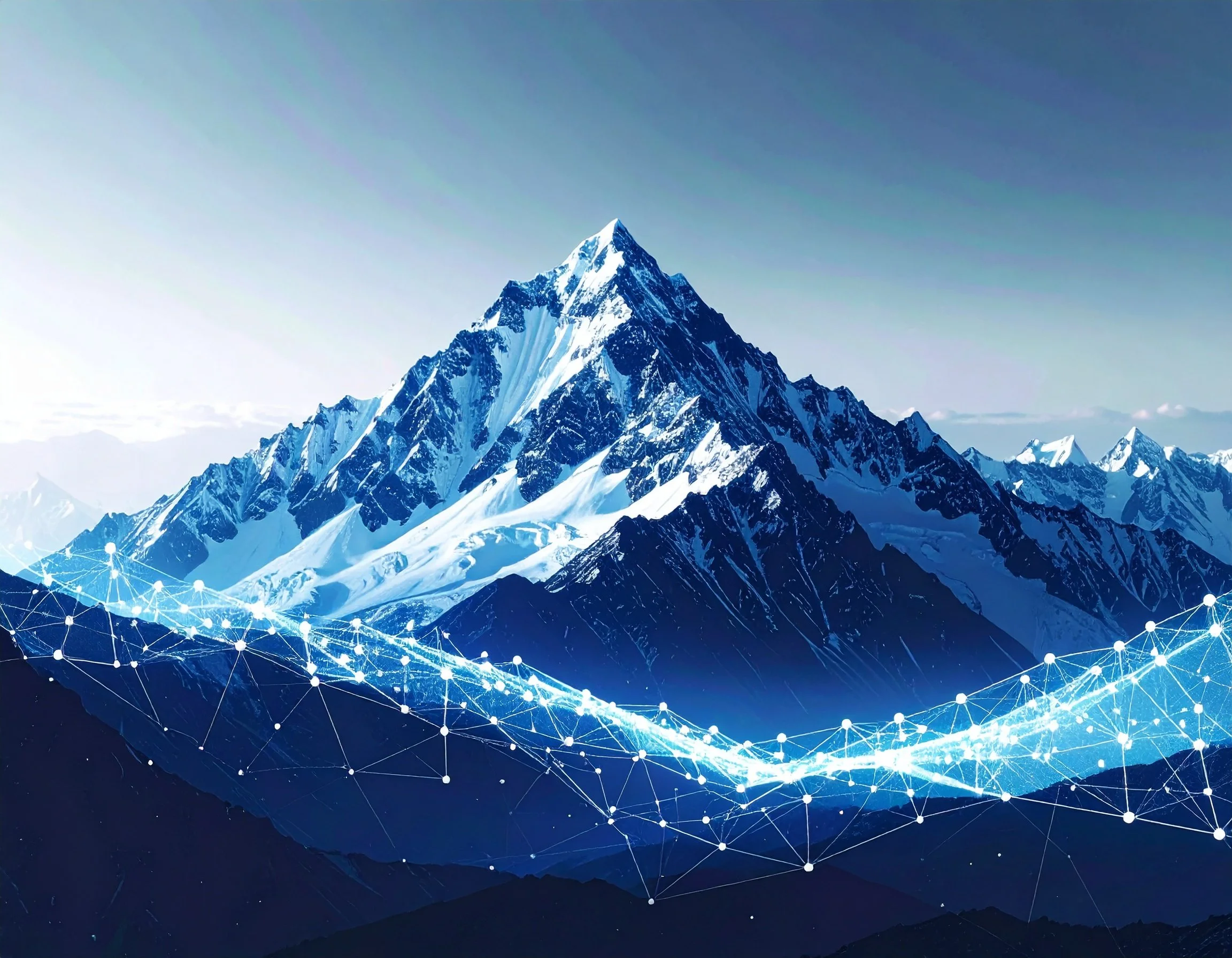 Snow-covered mountain range with a digital network overlay at the base.