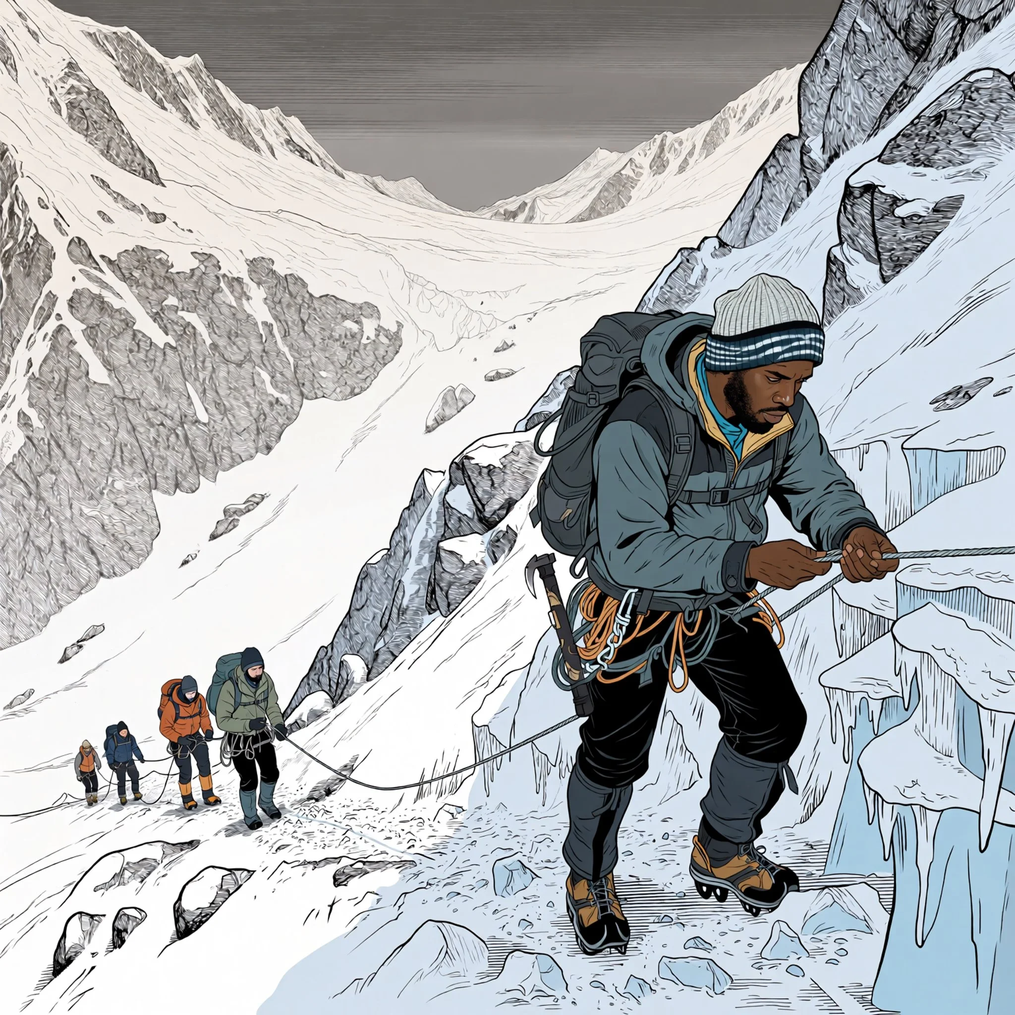 A group of climbers ascending a steep, icy mountain slope with snow-covered peaks in the background. The lead climber is wearing a gray jacket, black pants, and a gray knit hat, and is using ice axes and crampons to climb. He is connected to the other climbers by a rope.