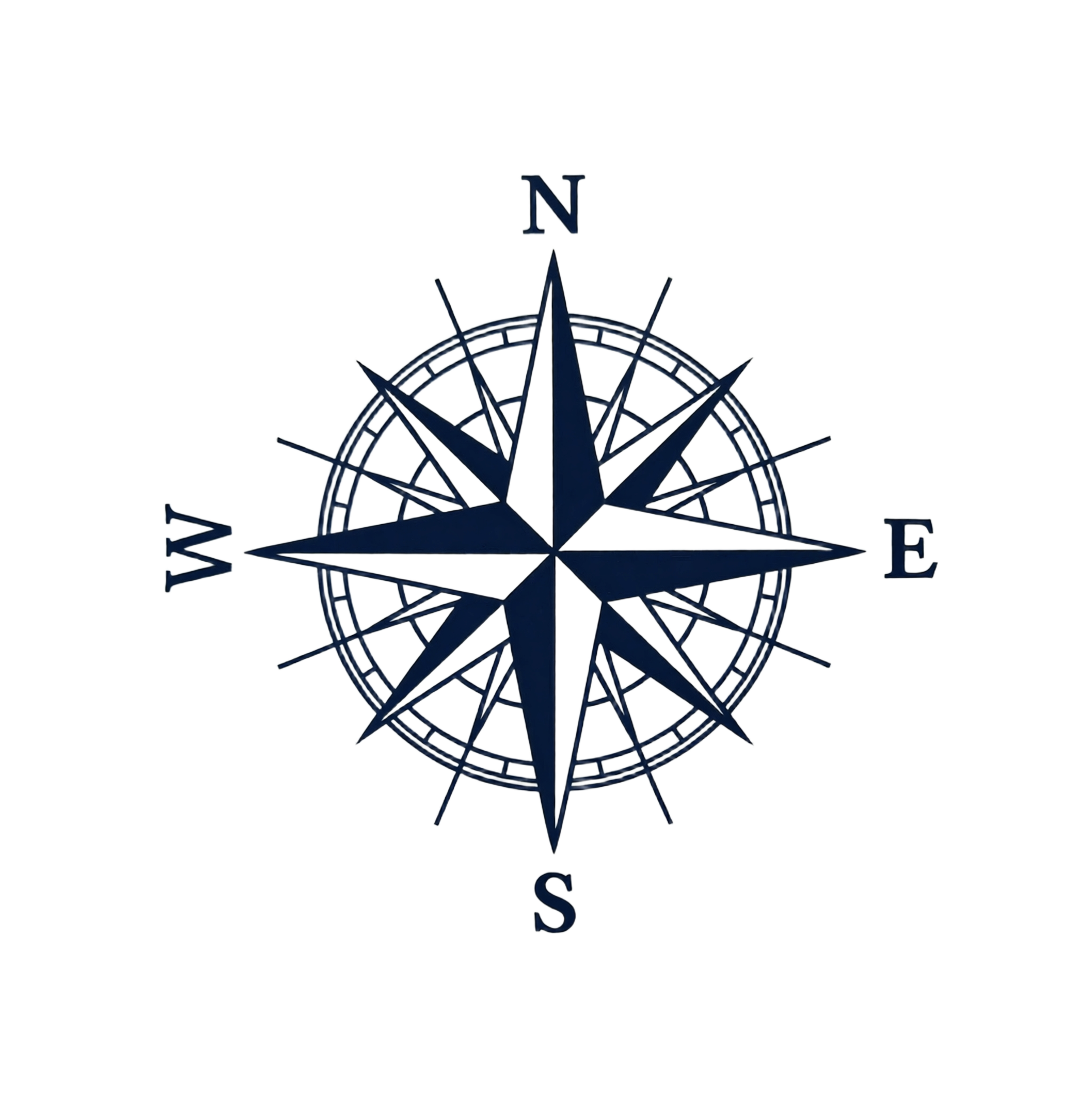 A compass rose with cardinal directions North, East, South, and West labeled, featuring a star design at the center, on a black background.