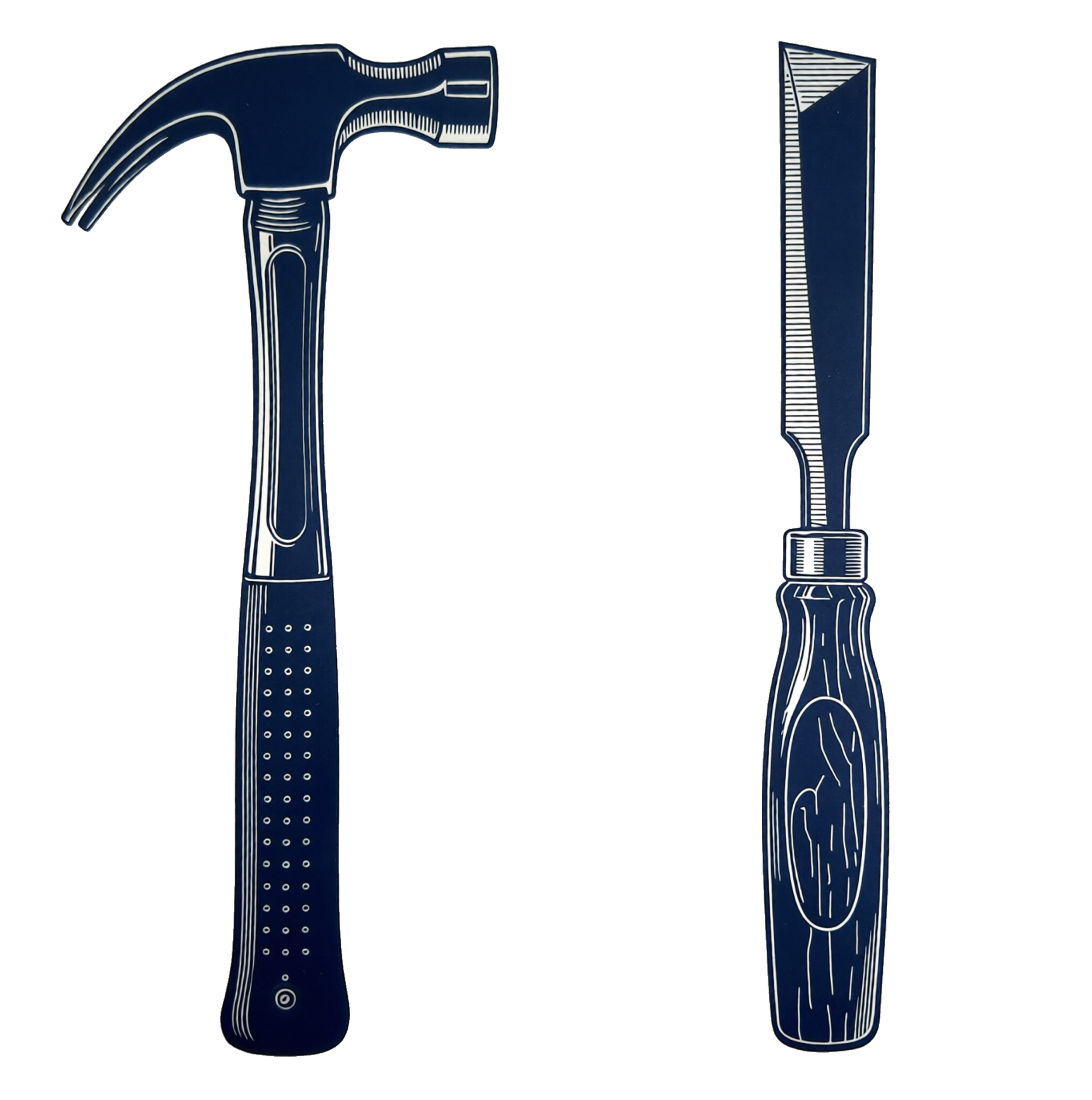 Illustration of a hammer and a chisel with blue handles surrounding a rectangular blackboard.
