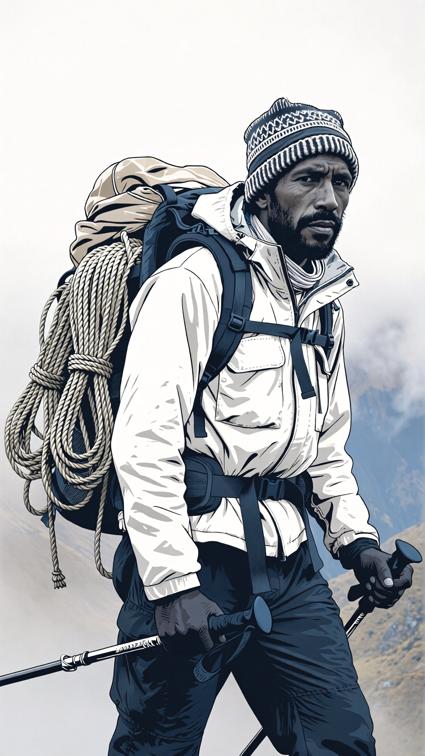 An illustration of a man with a beard, wearing a knit hat, a white jacket, and gloves, carrying a backpack with climbing ropes, holding trekking poles, in a mountain setting.