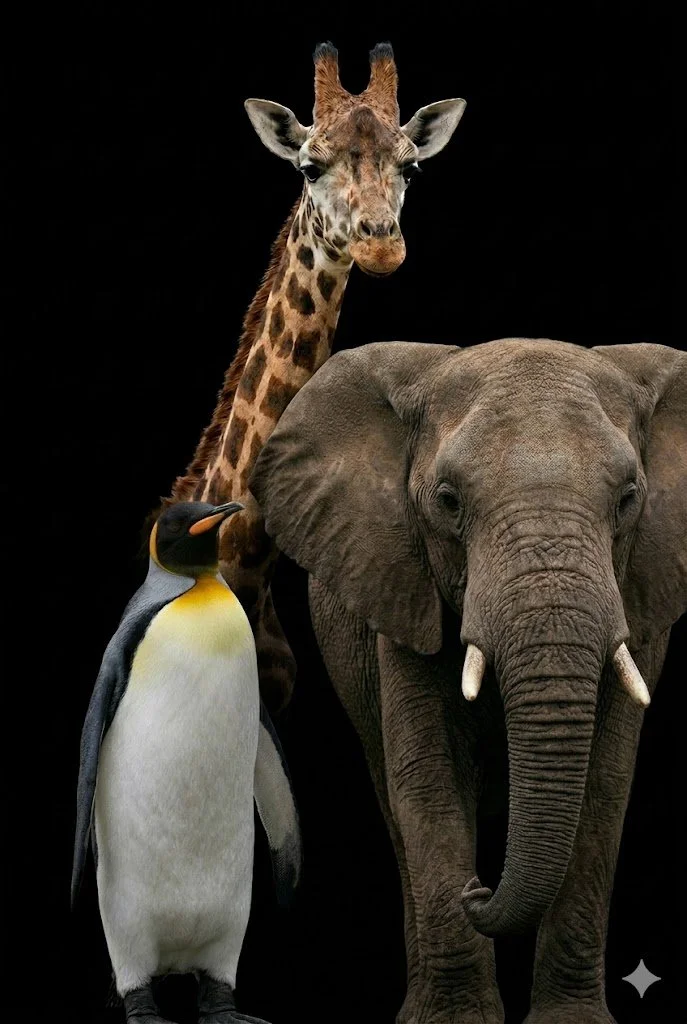A giraffe, an elephant, and a penguin standing close together against a black background.