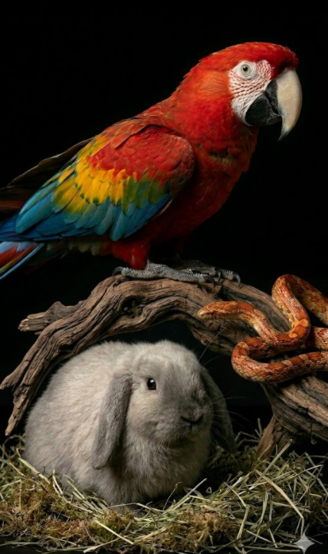 A colorful parrot perched on a branch above a gray rabbit sitting in hay with a snake nearby.