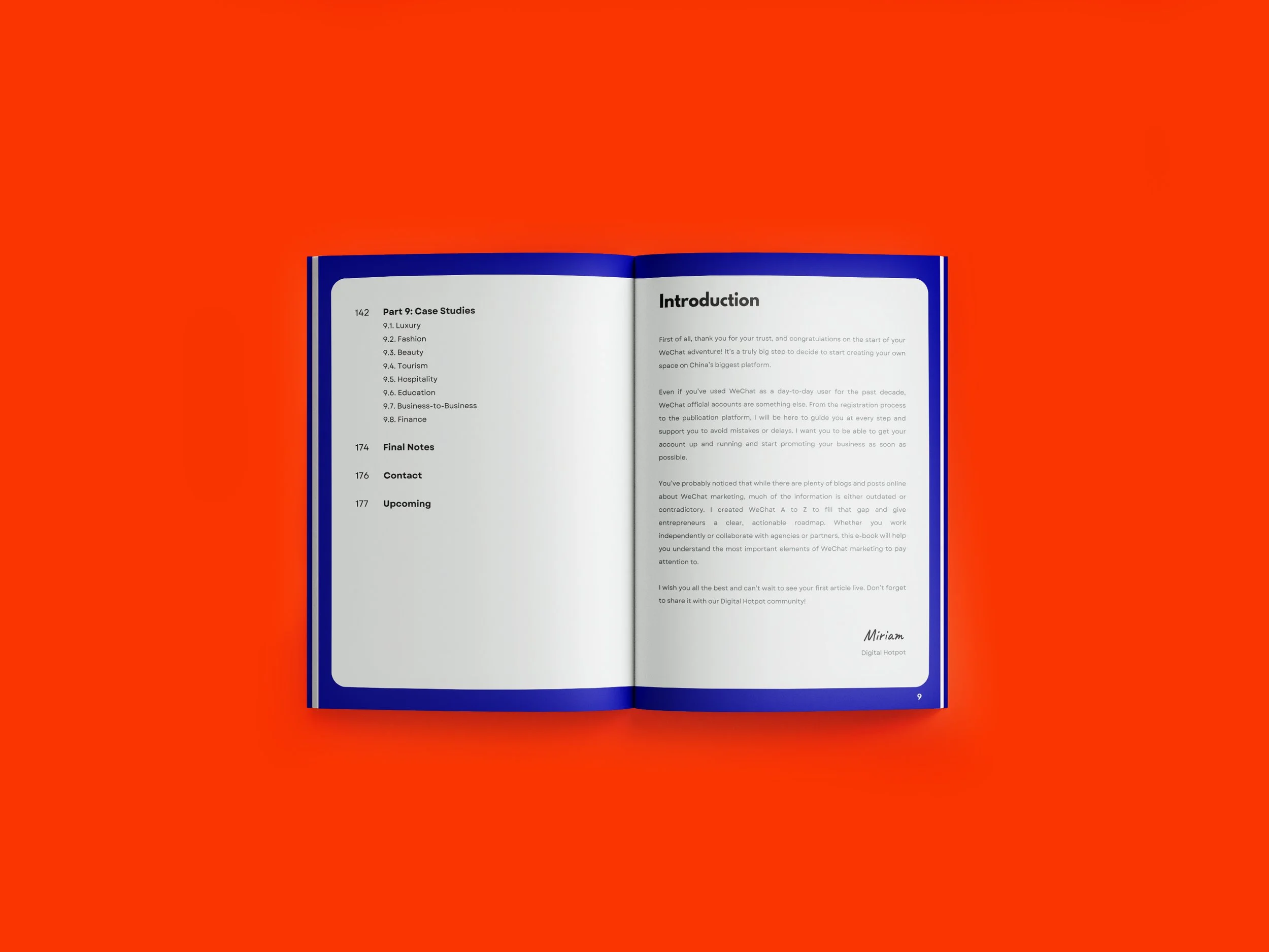 An open book with a blue cover on a bright orange background, showing a table of contents on the left page and an introduction on the right page.