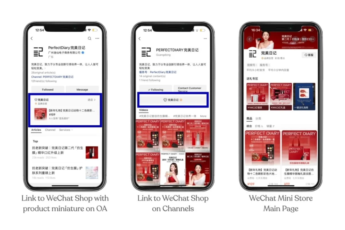 Comparison of WeChat Shop entry points: product miniatures on an Official Account, links on Channels, and the Mini Store main page for Perfect Diary.