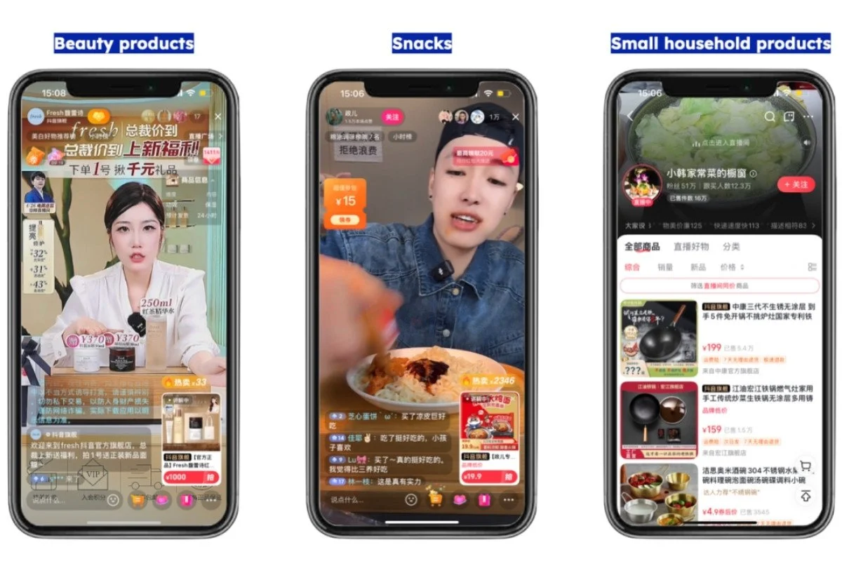 Three smartphone screens showing what Douyin means as a live-streaming and social commerce platform, featuring live demonstrations for beauty products, snacks, and small household items.