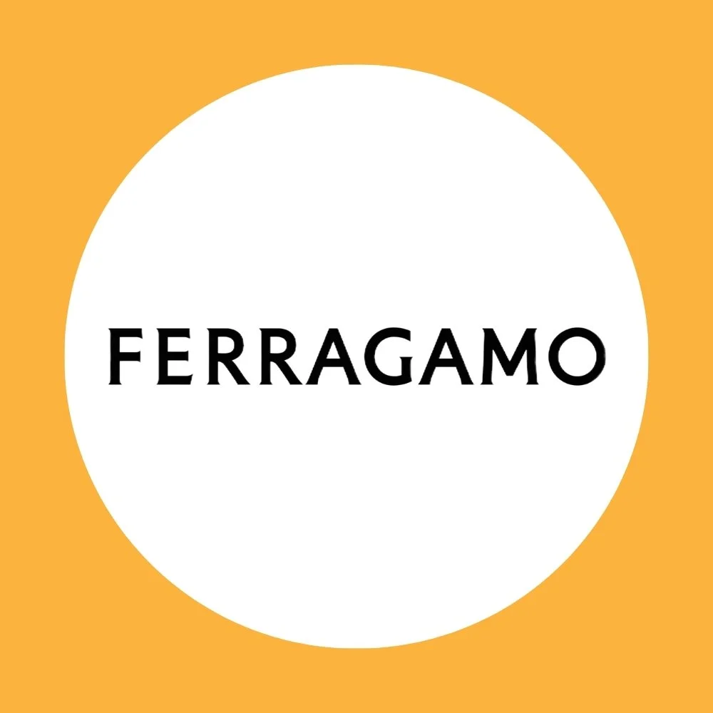 Ferragamo logo with black text on white circle, yellow background.
