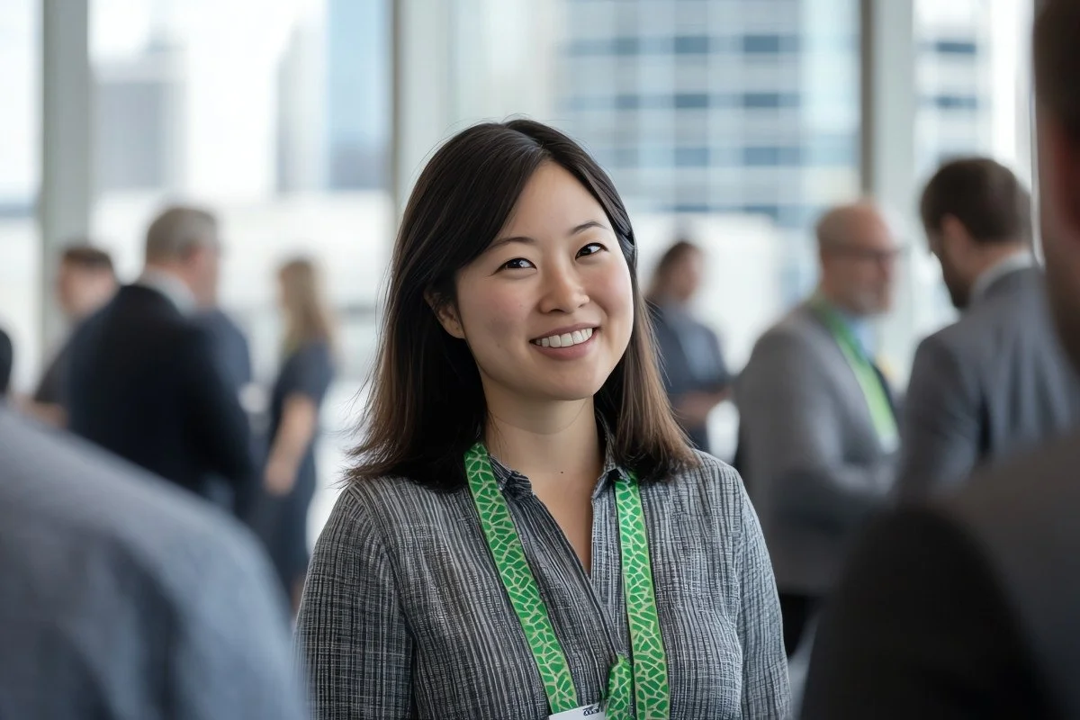 An Asian woman at a business conference or networking event.
