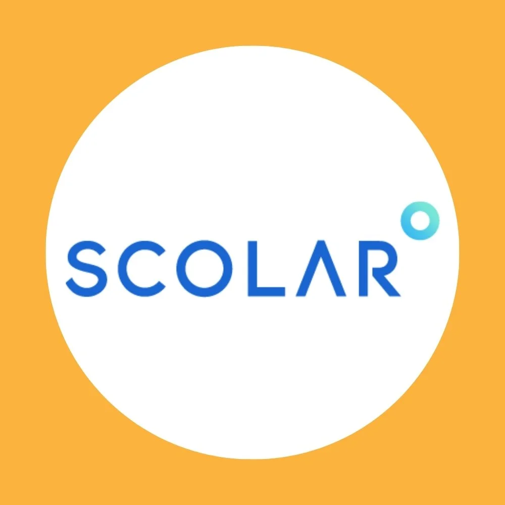 Logo of Scolar, featuring blue text with a stylized 'A' and a small blue circle above the letter 'R', on a white circular background with a yellow border.
