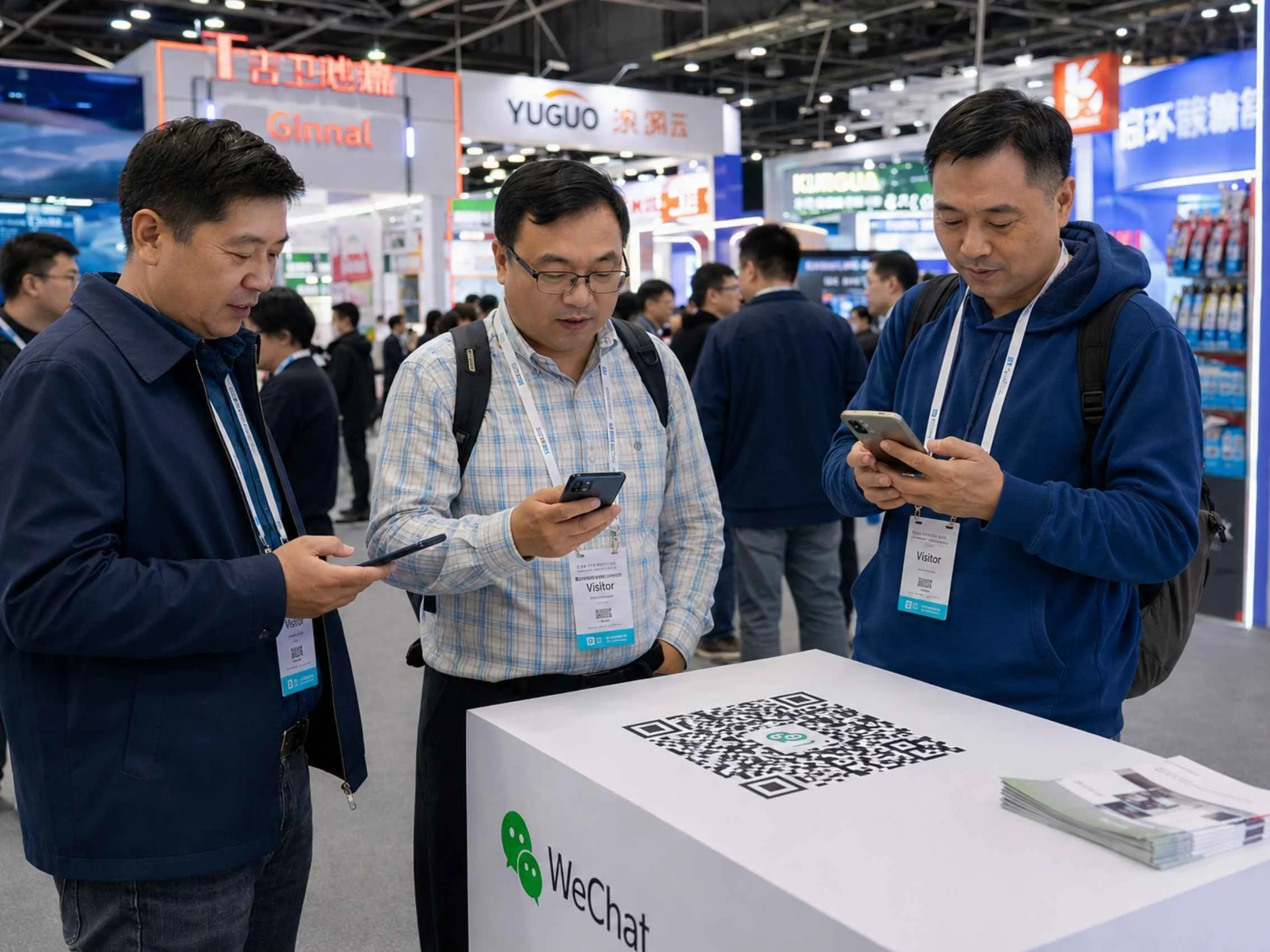 Visitors using WeChat QR codes at a Chinese trade show to engage with brands and access digital business information.