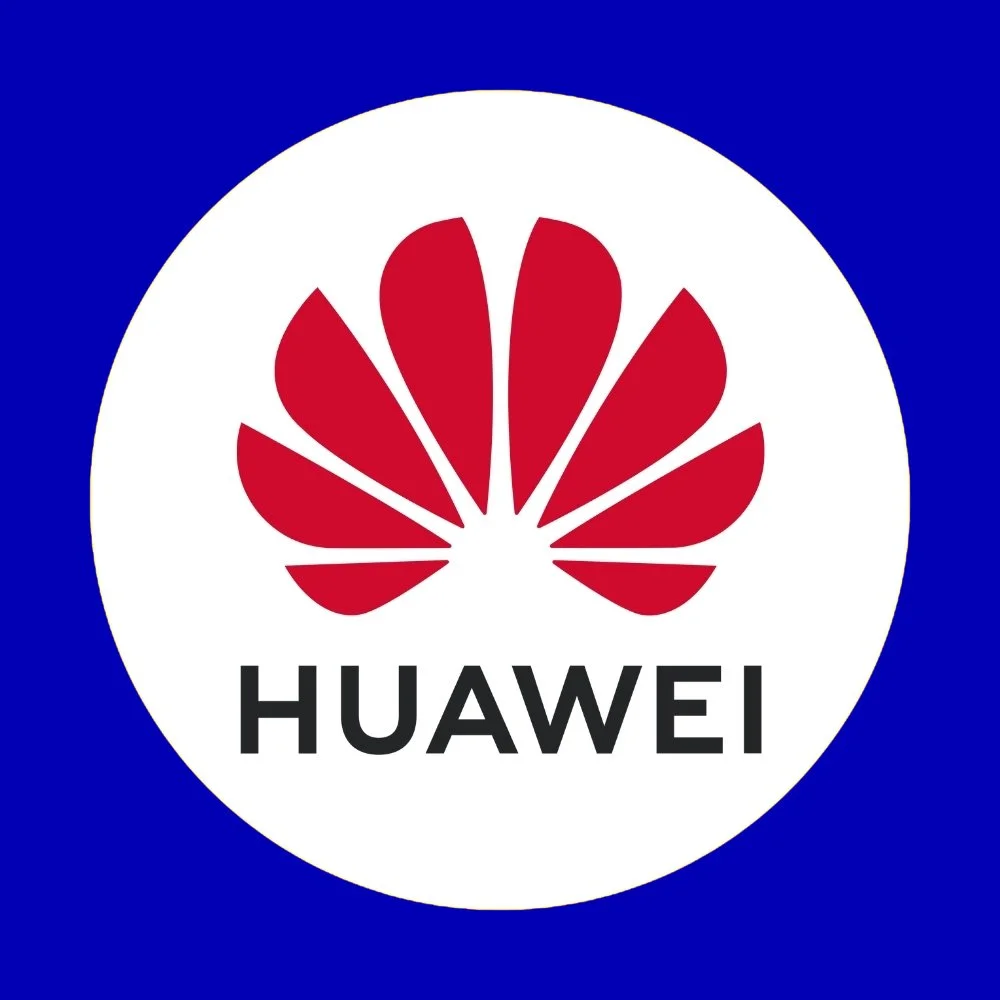 Huawei logo with a red flower-like symbol and the word "HUAWEI" below, set against a blue background.