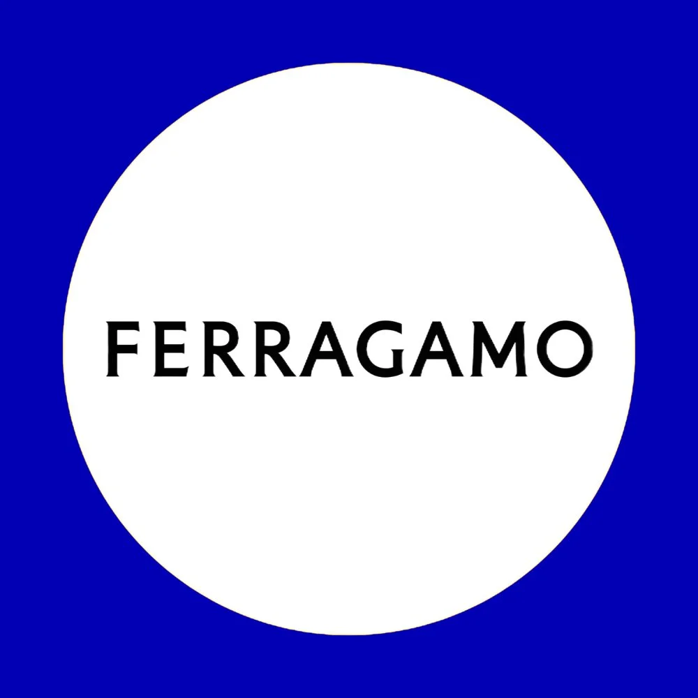 Ferragamo logo with a white circle and black text on a blue background.