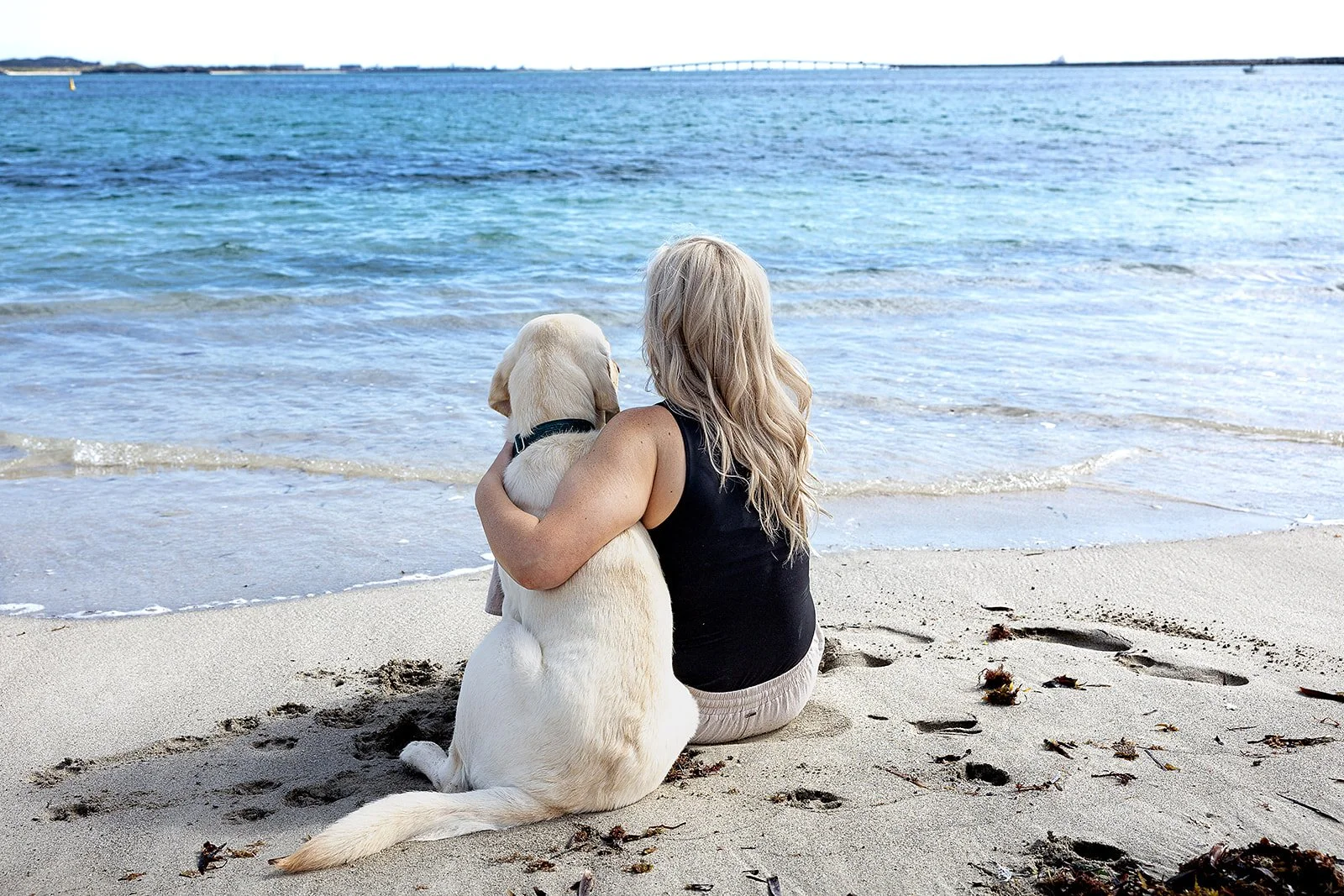 A woman with blonde hair sitting on a sandy beach holding a yellow Labrador retriever puppy, looking at the ocean. Yoga with Karney