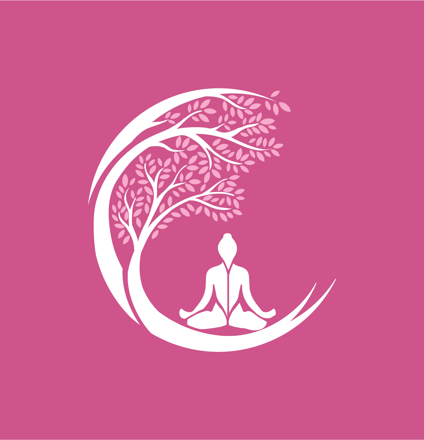 A white silhouette of a person meditating in a seated lotus position, inside a crescent moon-shaped outline with a tree with pink leaves extending from the moon on a pink background. Yoga with Karney logo