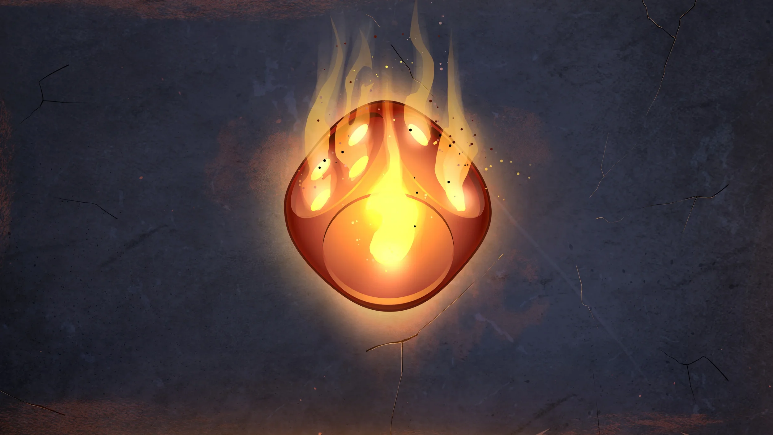 A fiery, glowing, cartoon-style fireball with flames and sparks against a dark background.