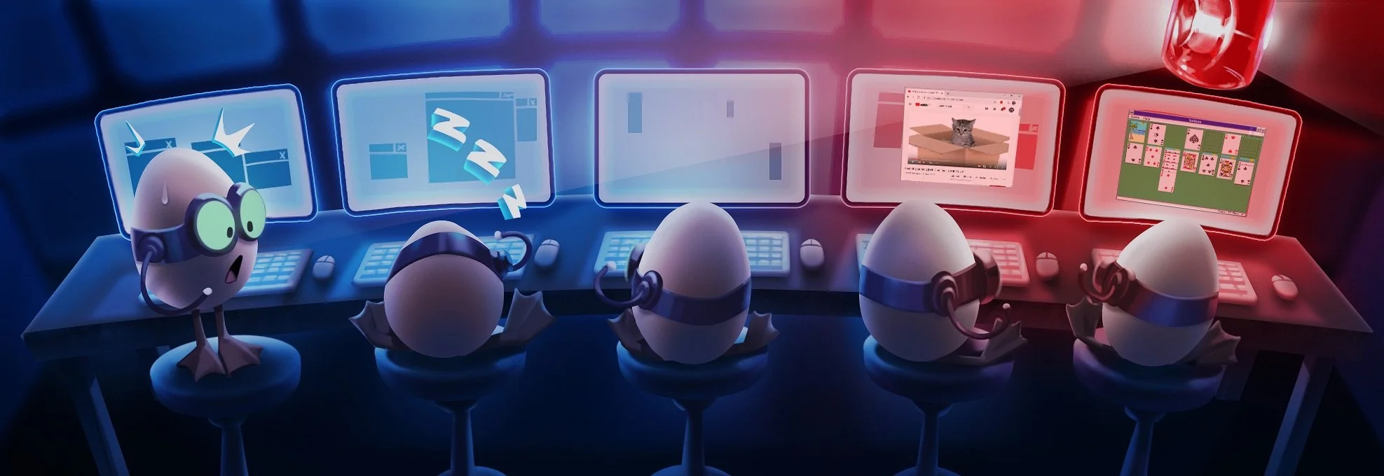 Cartoon eggs wearing headsets sit at computer stations with multiple monitors; one egg appears shocked, while others display screens with websites and games. The scene is illuminated with blue and red lighting, emphasizing a high-tech, gaming environment.