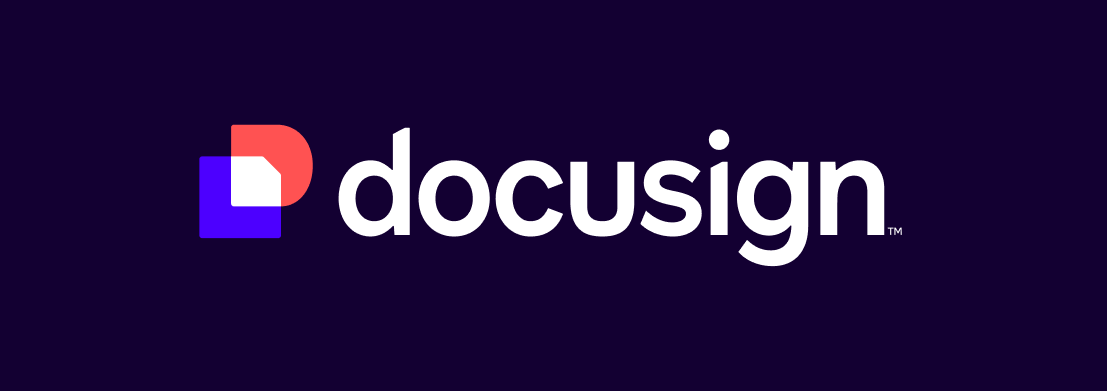 Docusign logo with a stylized 'D' icon and the company name in lowercase text on a dark background.