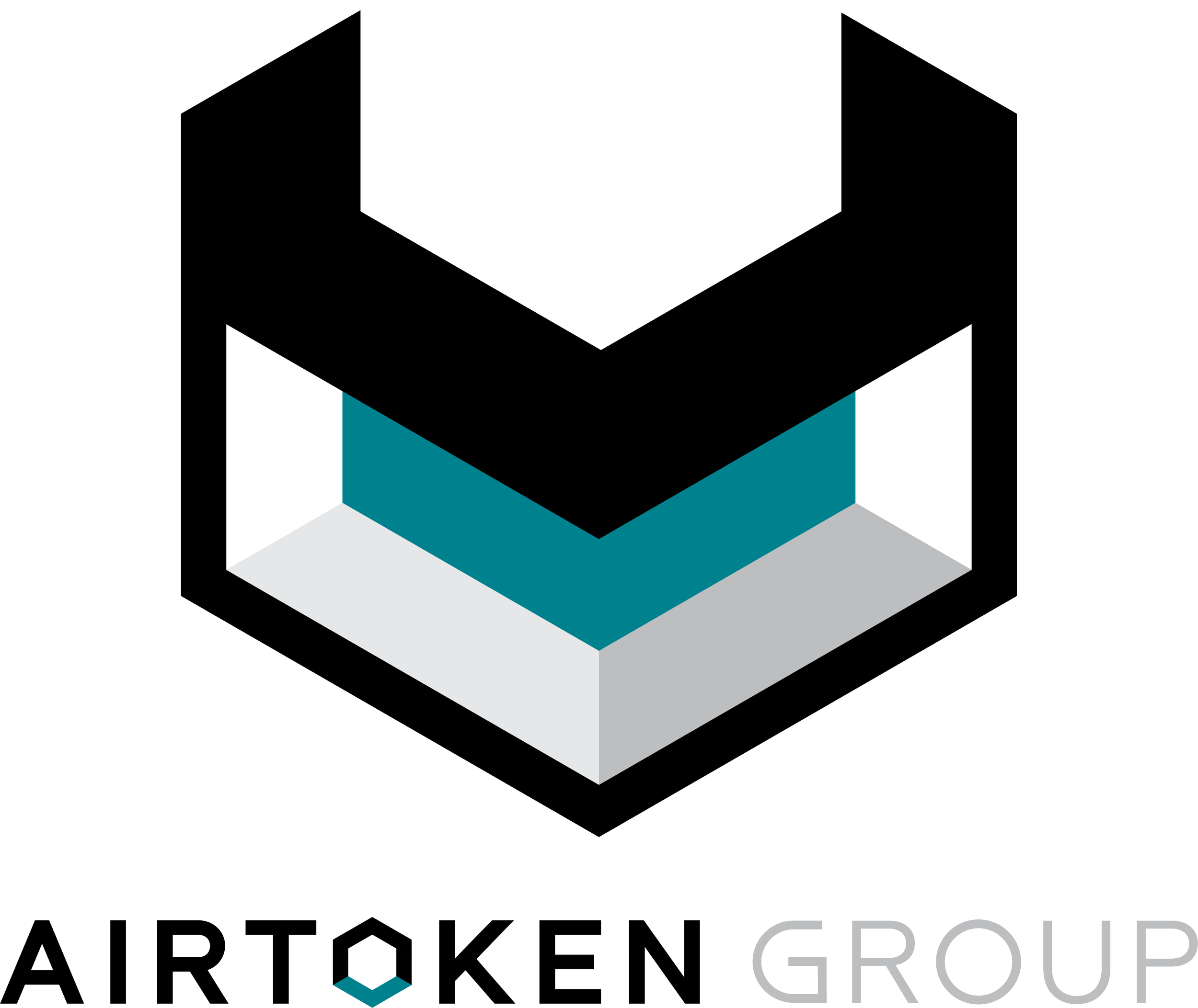 3D logo of a company called Airtoken Group, featuring a stylized cube with layers in white, teal, and gray, and the name 'Airtoken Group' below.
