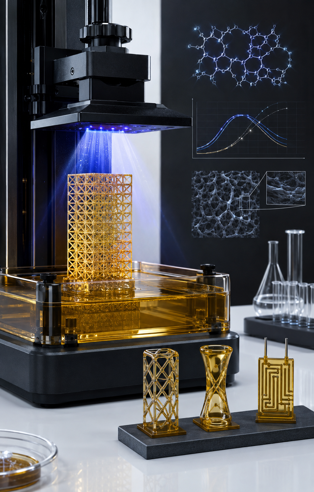 Vat photopolymerization system producing an advanced polymer lattice with molecular, thermal, and microstructural characterization visuals.