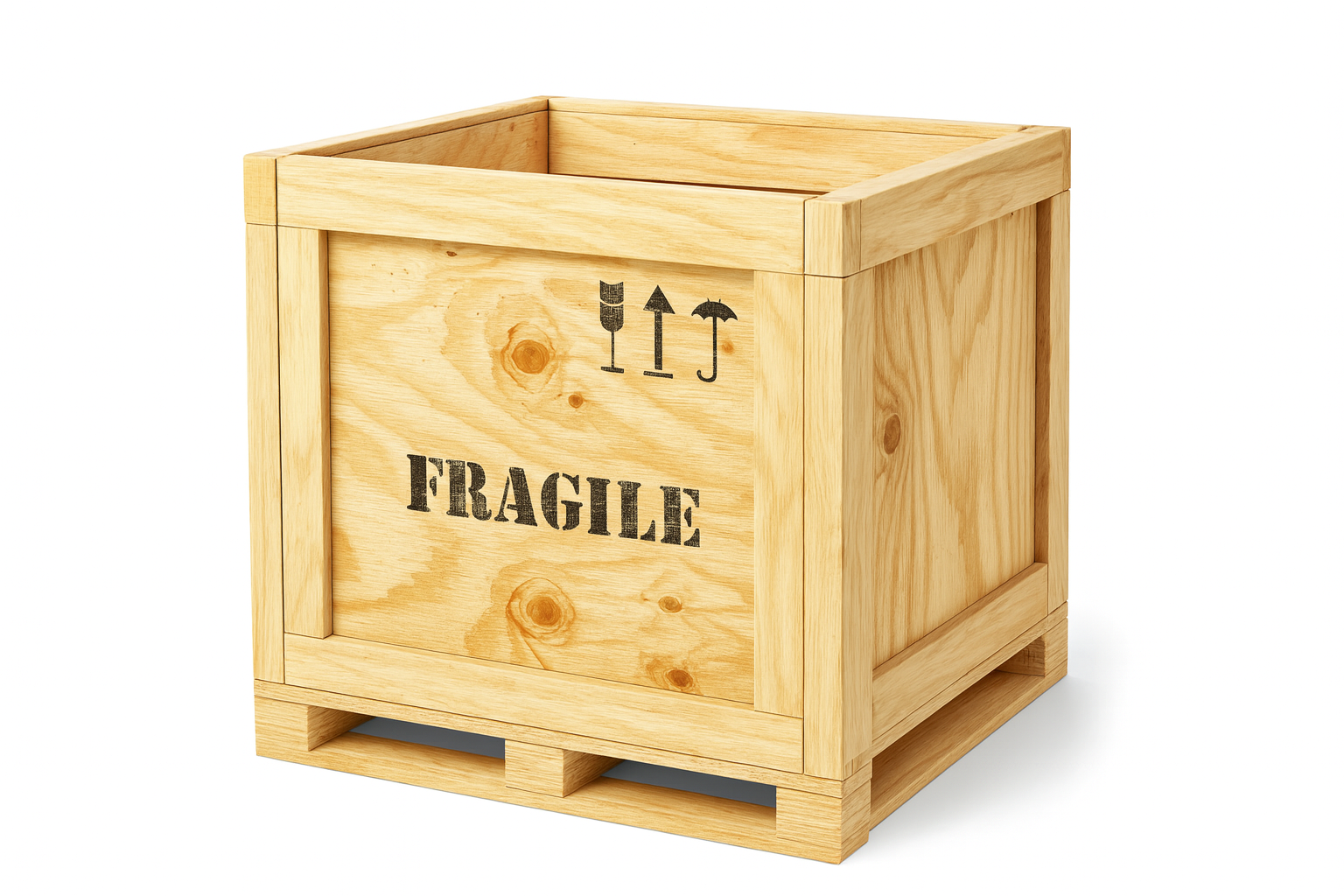 Holzkiste mit der Aufschrift »FRAGILE« und Symbolen für vorsicht, hochheben, und Schutz vor Regen