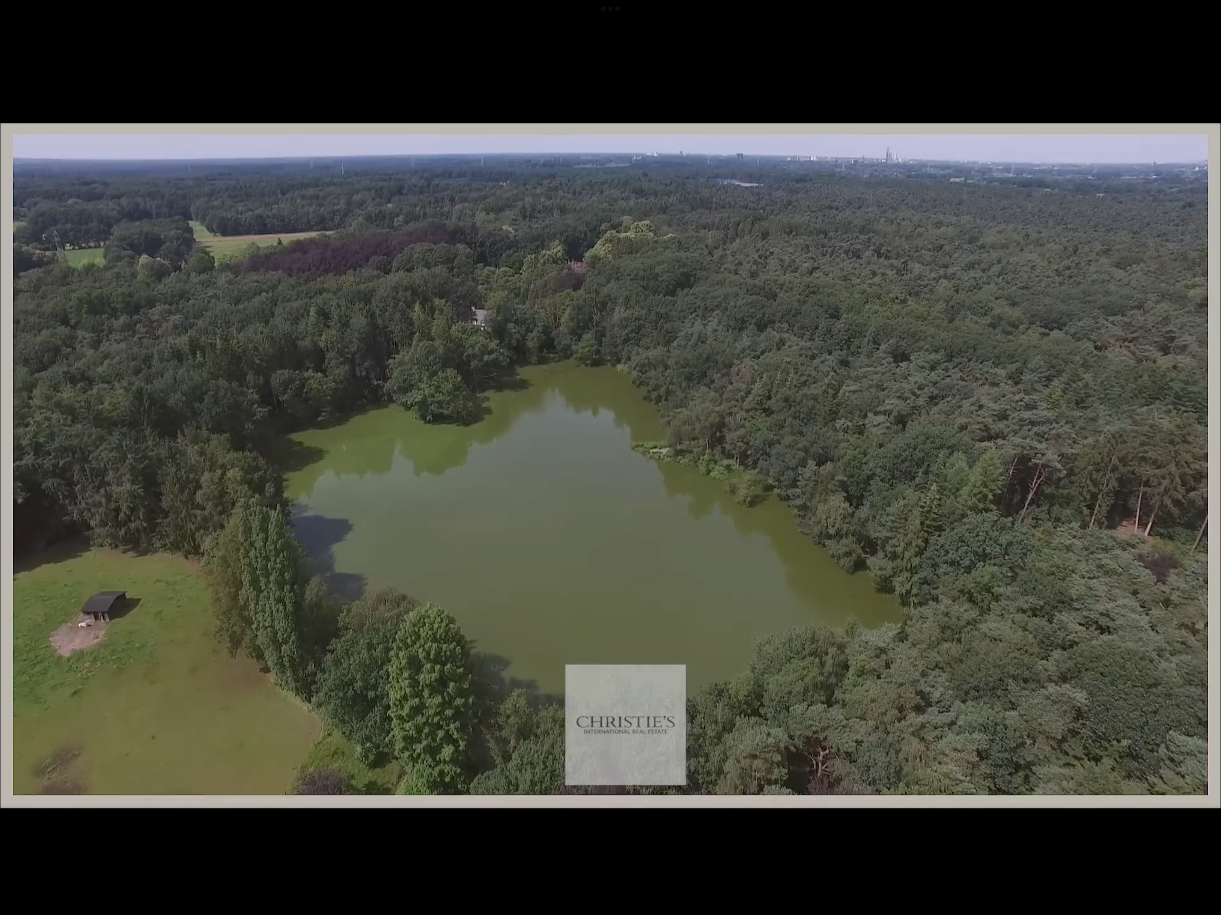 Aerial view of a large green pond surrounded by dense trees in a park or forest area, with distant cityscape in the background and a logo from Christie's International Real Estate at the bottom center.