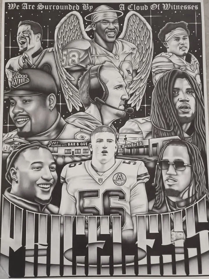 Black and white illustration of various people, including athletes, musicians, and others, with sports bars in the background. Text reads 'We Are Surrounded By A Cloud Of Witnesses' at the top and 'MISION' at the bottom.