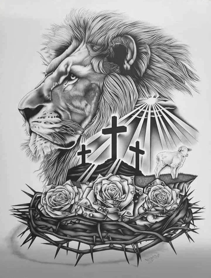 A detailed black and white tattoo-style illustration featuring a lion's head, three crosses, a lamb, roses, and a crown of thorns.