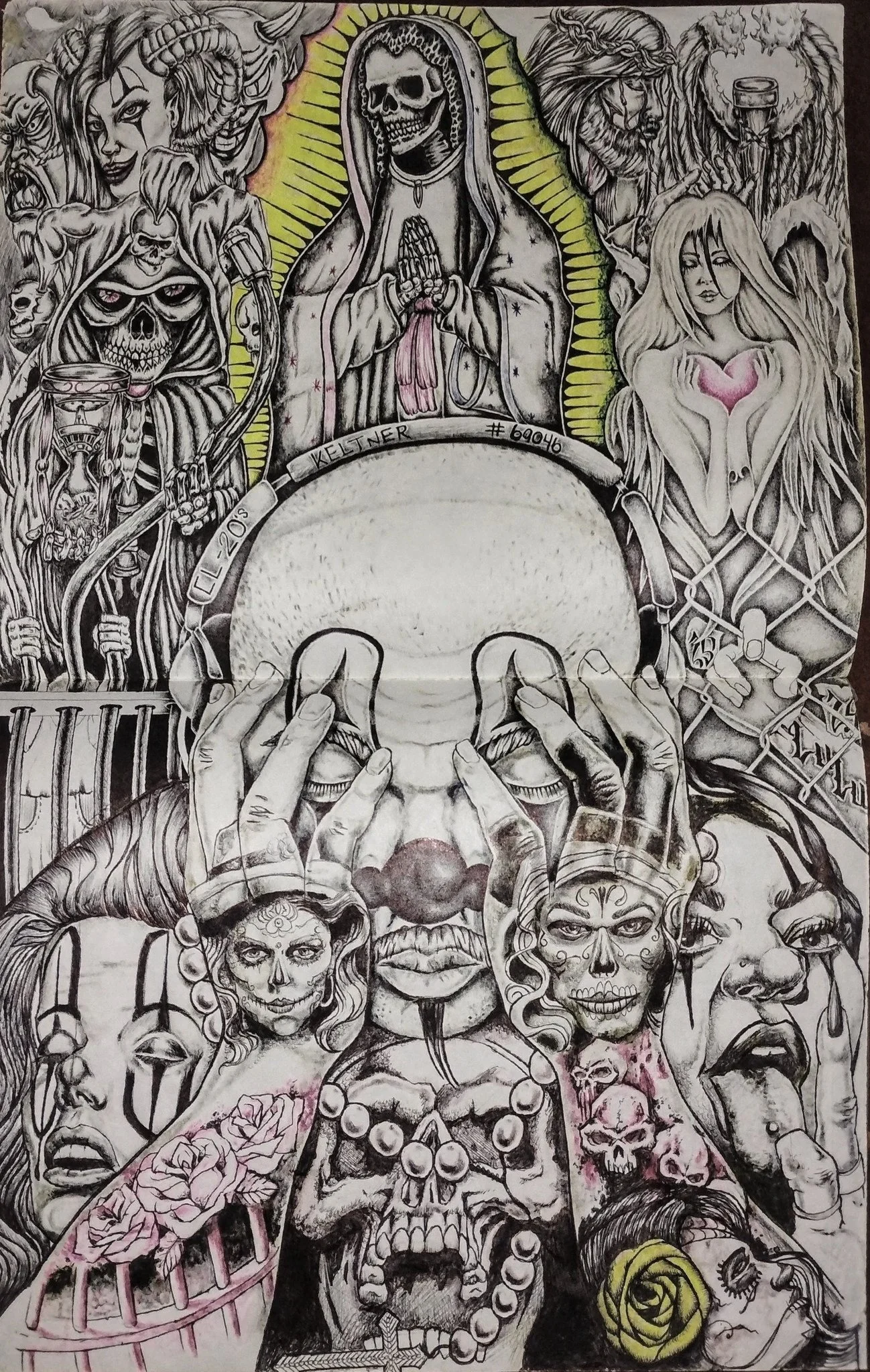 A detailed black-and-white tattoo-style illustration featuring various gothic and horror-themed elements. At the top, a hooded skeleton with hands clasped, surrounded by mystical and zombie figures. Below, a large skull with hands on its face, framin