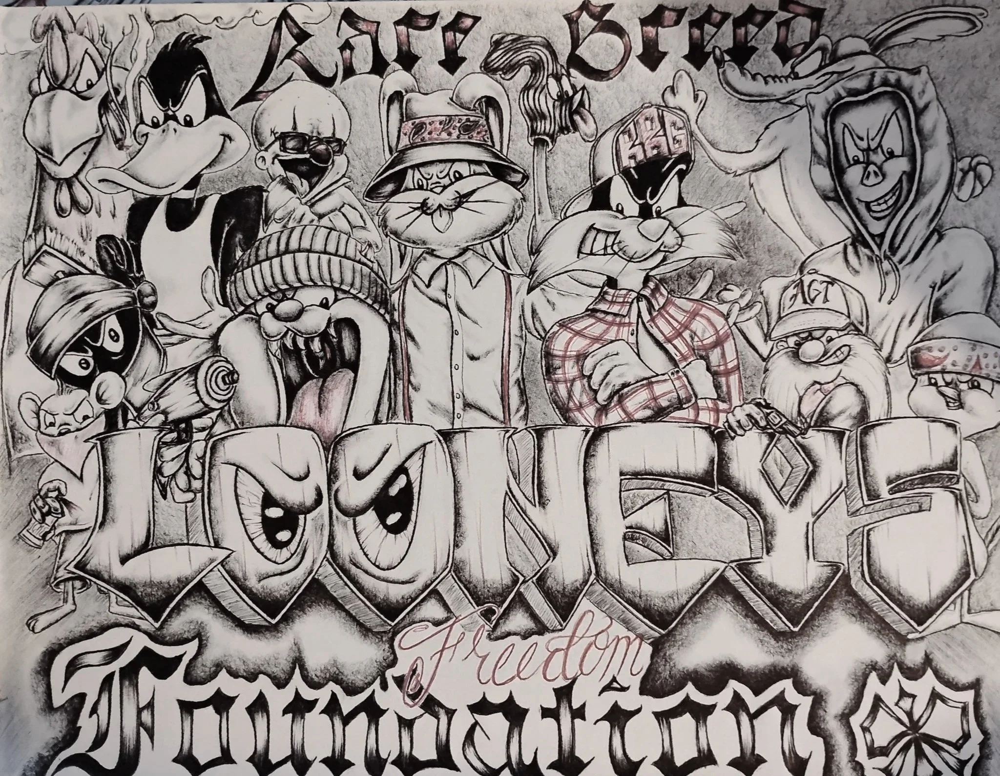A detailed black and white drawing of various cartoon characters surrounding the words "Love, Hope, Freedom, Humanity". The characters include anthropomorphic animals and objects with expressive faces, some with accessories like hats and glasses, all