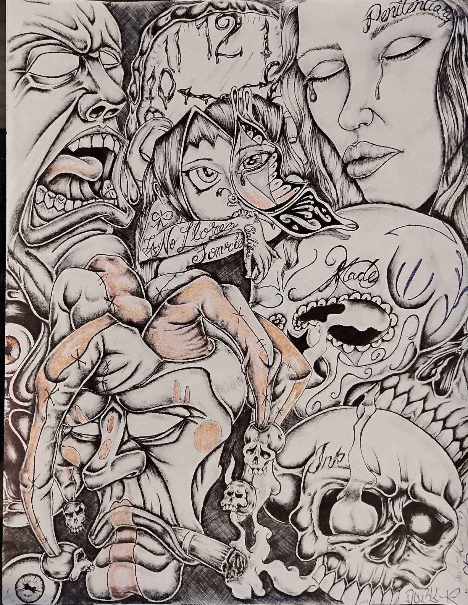A detailed black and white illustration featuring multiple faces, skulls, and surreal elements with tattoos and dripping tears, illustrating intense emotion and dark imagery.
