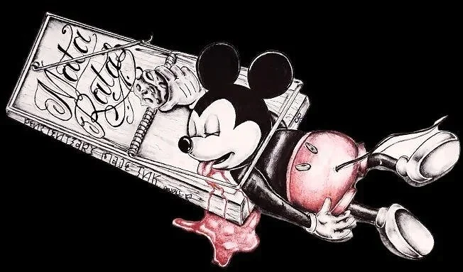 Drawing of Mickey Mouse holding a heart-shaped object, with an axe stabbing a book titled 'The Book of Death'.