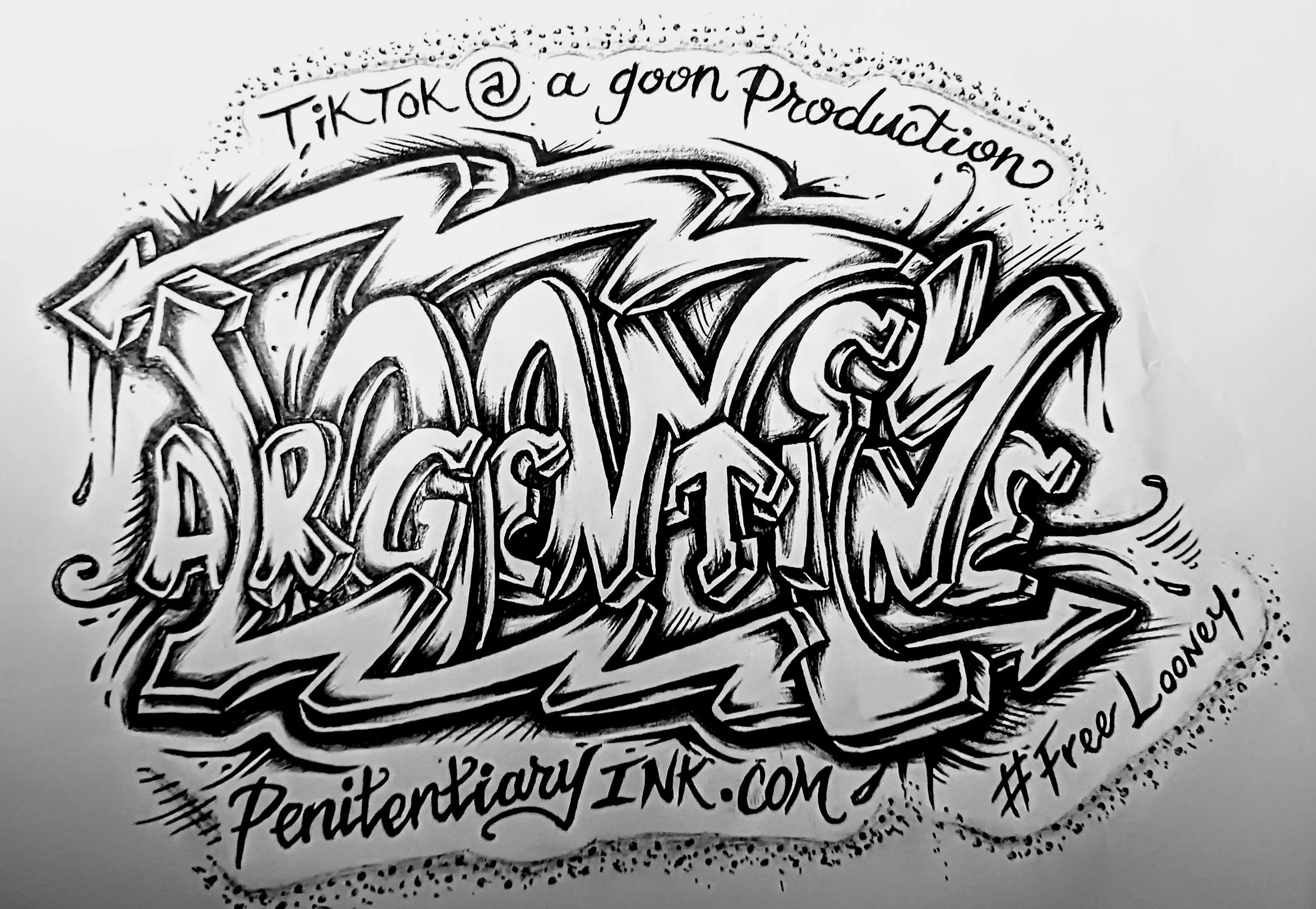Black and white graffiti-style illustration promoting 'PenitentiaryINK.com' with the slogan '#FreeLooney' and mentioning 'TikTok @ a goon Production'.