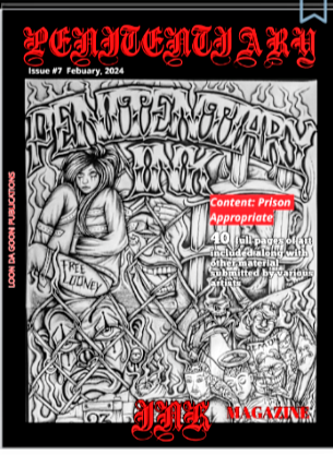 Black and white magazine cover titled "Penotography" with a detailed illustration of a girl holding a sign that says "Free Judy." The background features skulls, crossbones, and tribal patterns. The cover has red text, including "Issue #7 February 2024," "Content: Prison Appropriate," and "MAGAZINE." The title "Penotography" is in a decorative font at the top, with other text elements in stylized fonts.