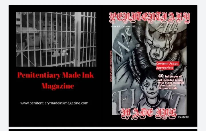 Cover of Penitentiary Made Ink Magazine, Issue 1 from October 2022, featuring artwork of a woman with tattoos and a young girl, with the title 'Penitentiary Made Ink Magazine' and text indicating content 'Prison Appropriate' and 40 pages of artwork.