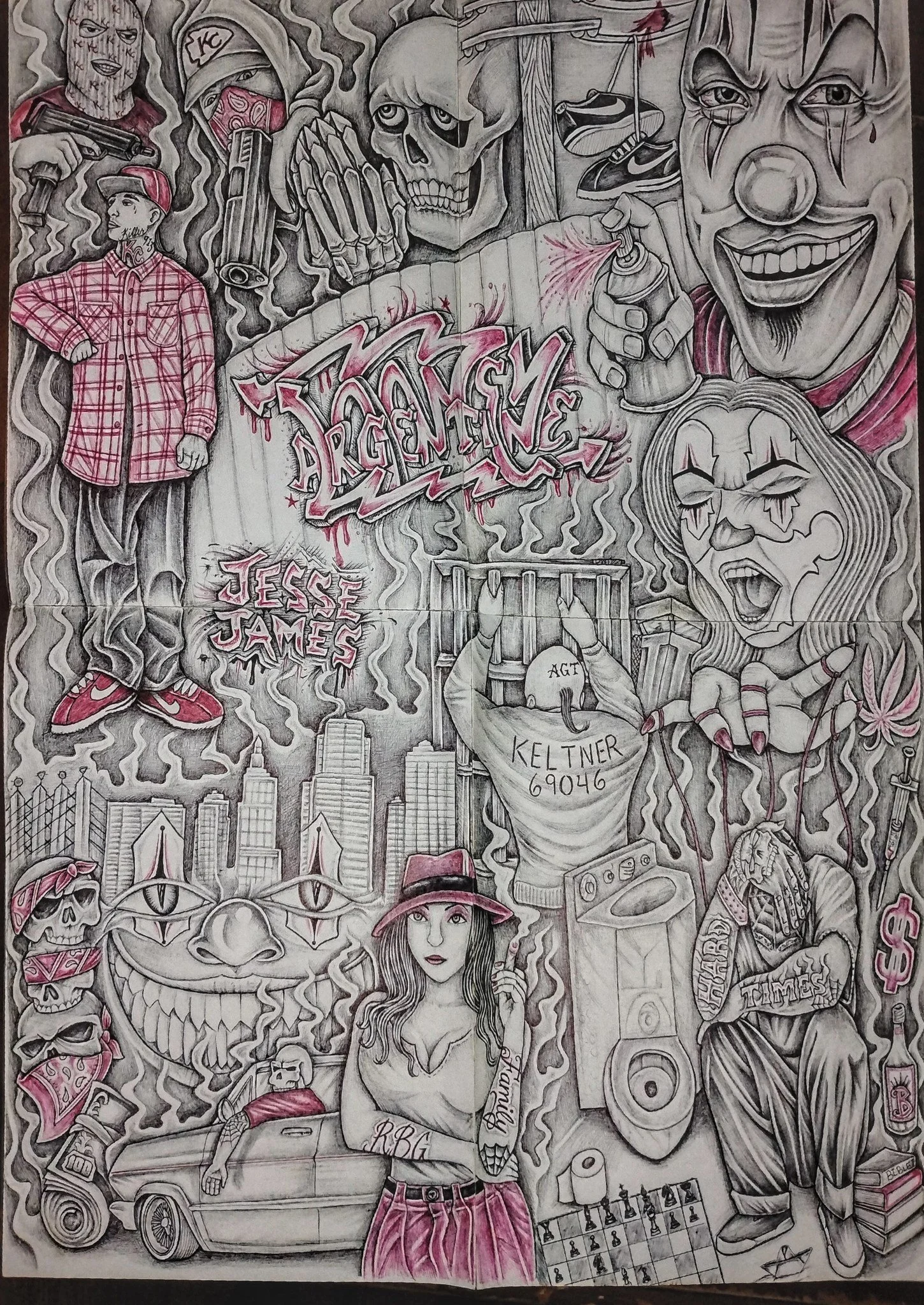 A detailed graffiti-style drawing with various characters and symbols, including a clown smiling, a girl with a hat, a woman with tattoos and piercings, skulls, a skeleton, a city skyline, a spray paint can, a boombox, and a chessboard. The artwork f