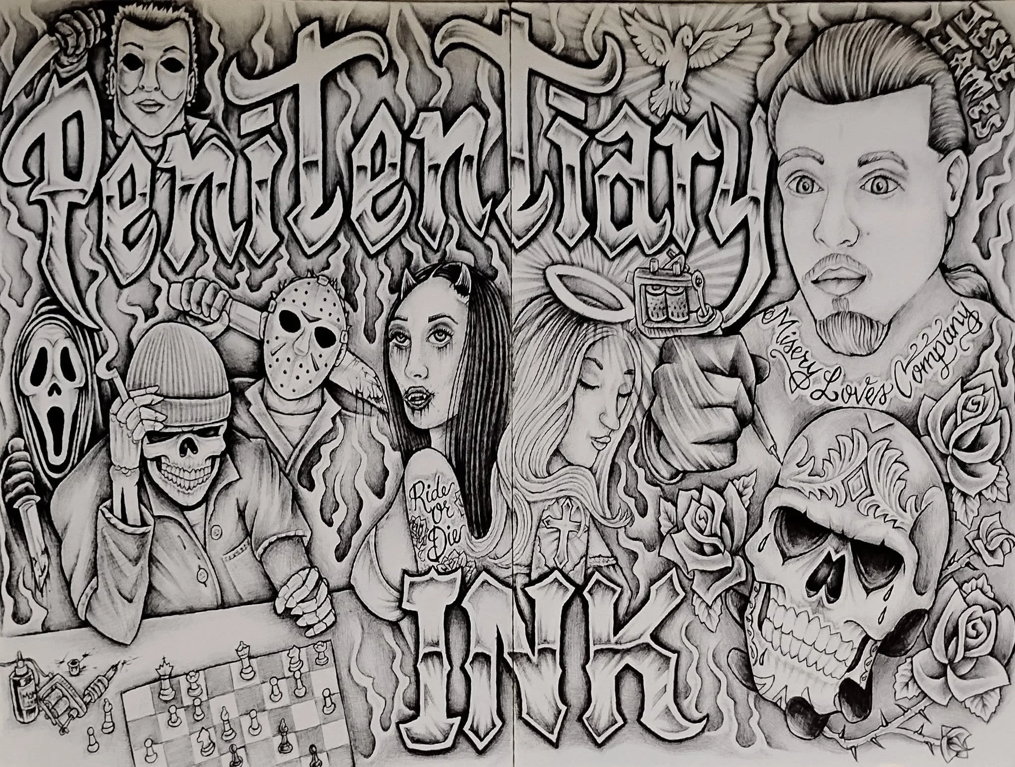 Black and white tattoo-style artwork featuring various characters, skulls, roses, a chessboard, and the text 'Respect Loyalty' and 'Forever'.