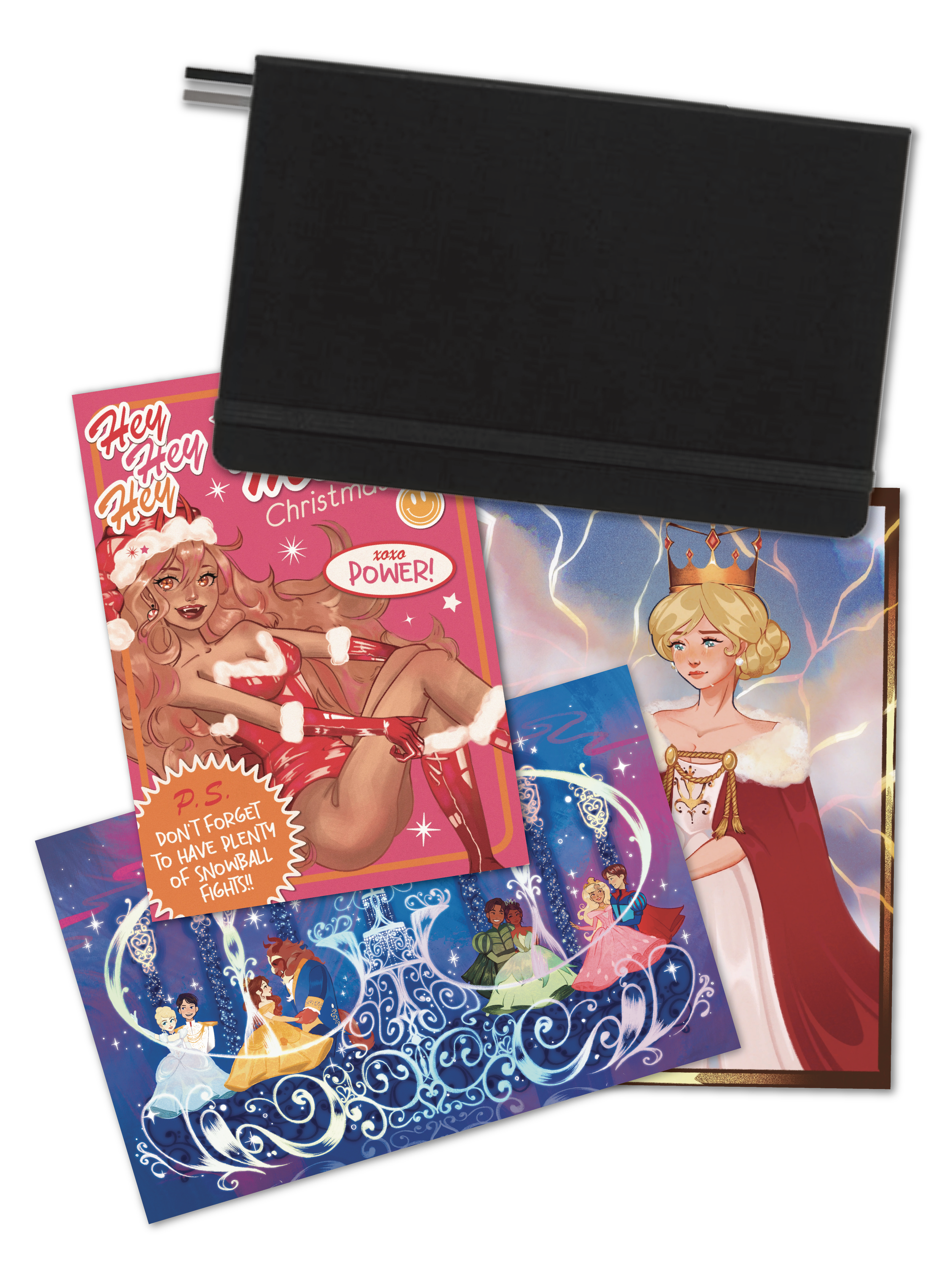 Colorful posters with animated princess characters, festive themes, and text about Christmas, snowball fights, and fairy tale elements.