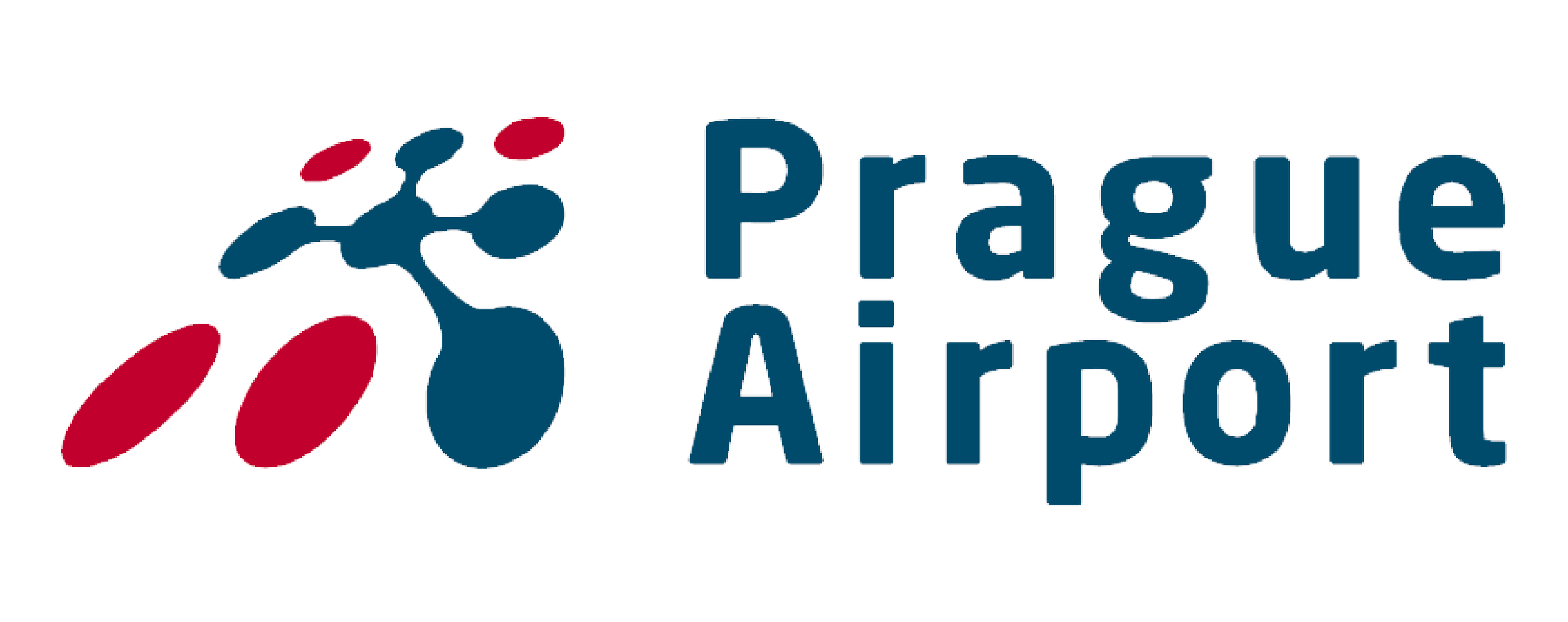 White logo with abstract shapes resembling a butterfly or flower, above the text 'Prague Airport' in white, set against a black background.