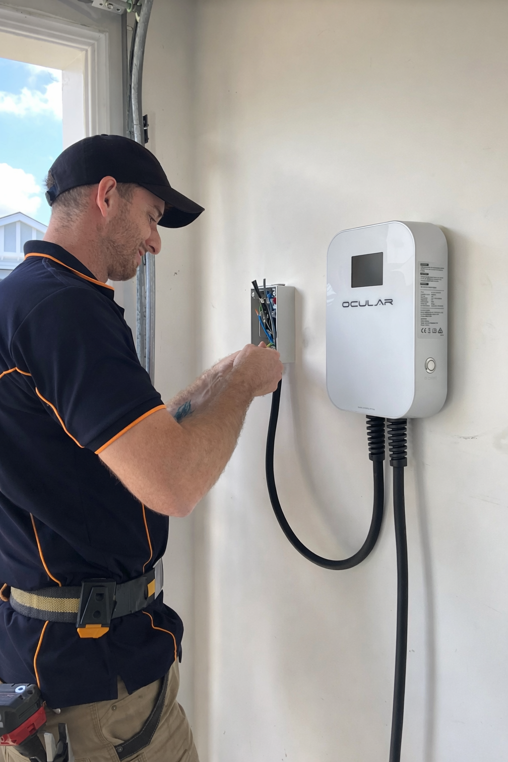 A technician working on wiring inside a wall next to an electric vehicle charging station labeled 'Ocular' near a window.
