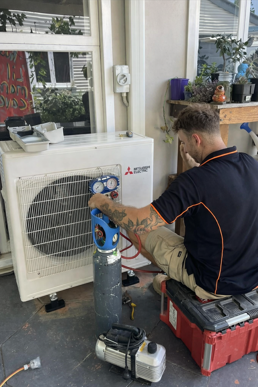 A technician servicing an outdoor Mitsubishi Electric air conditioning unit with a portable refrigerant recovery machine.