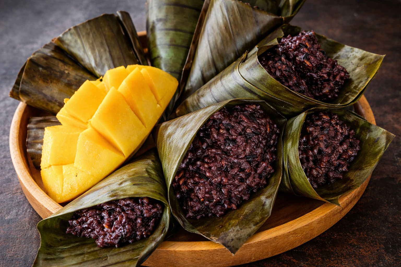 Tamarind rice and sliced mango served on banana leaf wraps in a round wooden tray.