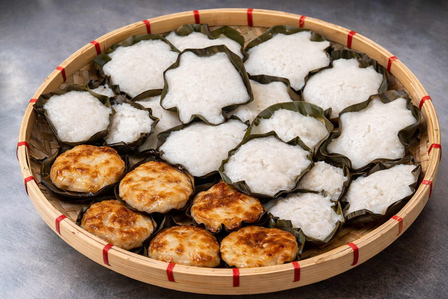 Assorted rice cakes wrapped in banana leaves arranged in a bamboo tray.