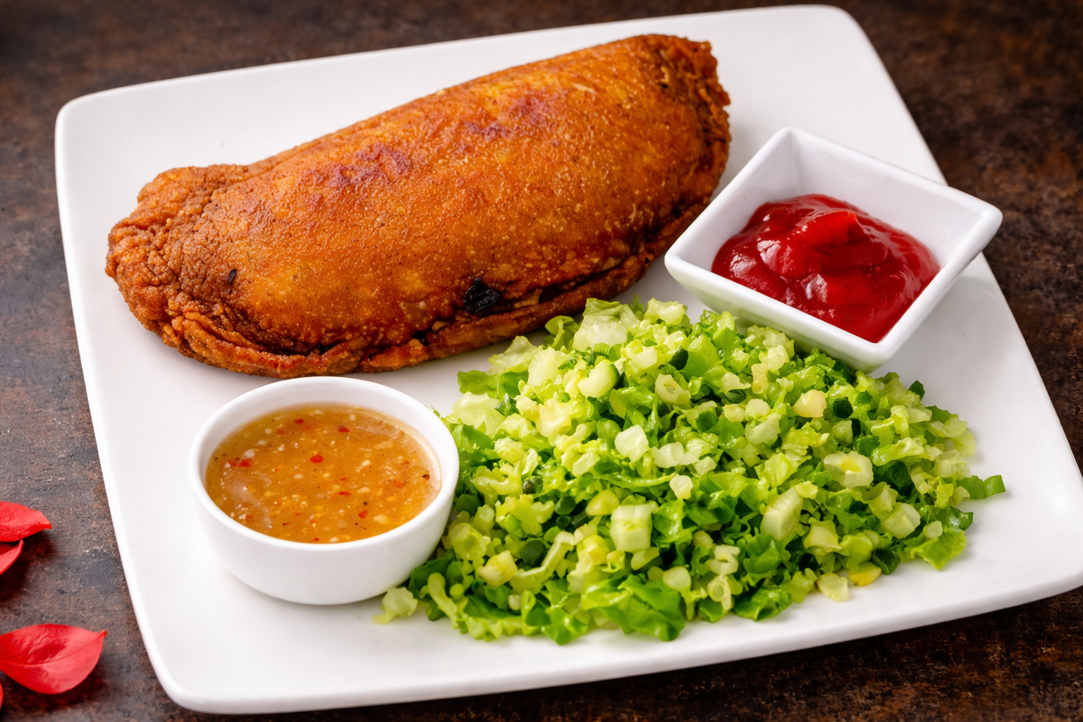 Fried chicken breast served with chopped lettuce, ketchup, mustard, and two dipping sauces on a square white plate