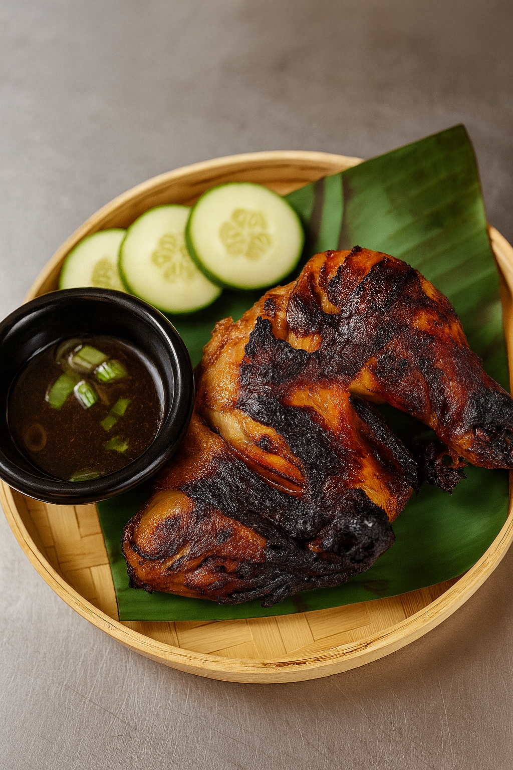 Grilled pork chop with cucumber slices, green onion dipping sauce, and banana leaf in a bamboo basket.